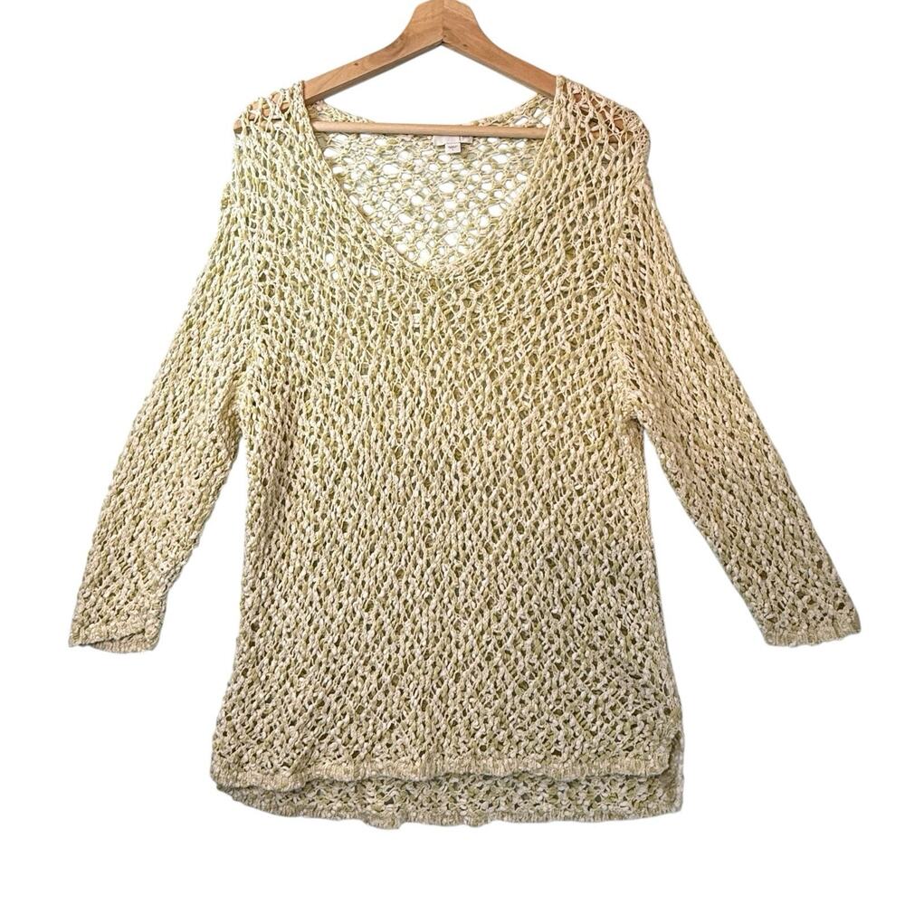J.Jill Open Knit Crochet Beachy Yellow Tunic Top WOMENS SIZE LARGE 100% Cotton